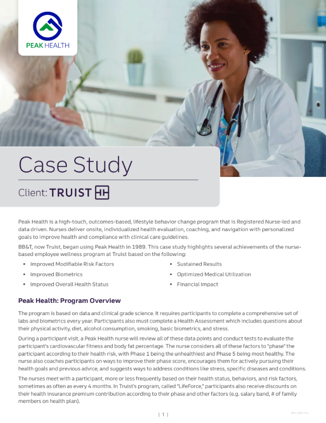 Image of a Peak Health page relating to a case study with the client Truist
